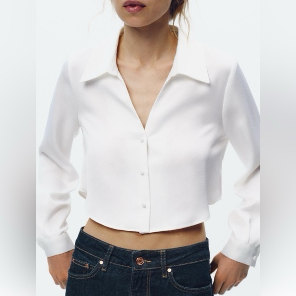 Zara White Satin Effect Long Sleeve Button Down Cropped Shirt